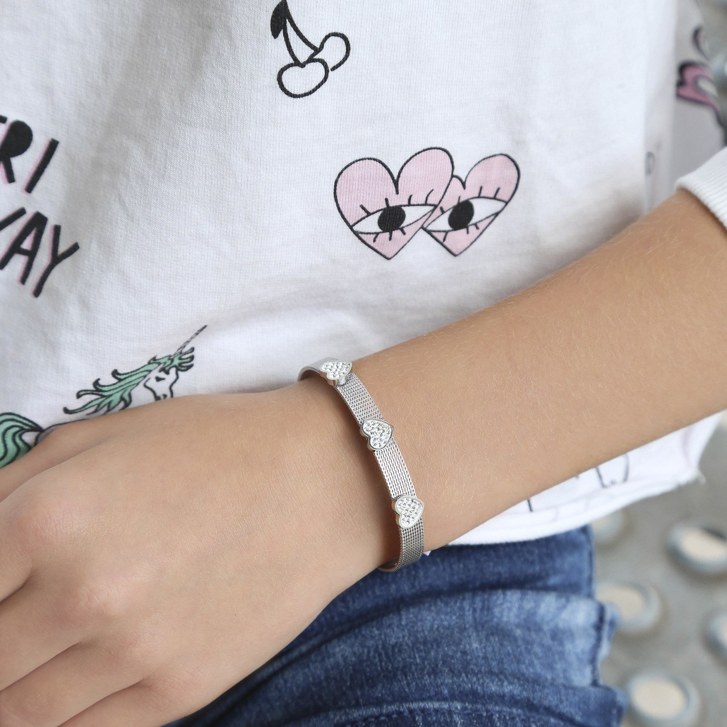 Armband för barn - stål med vita hjärtan