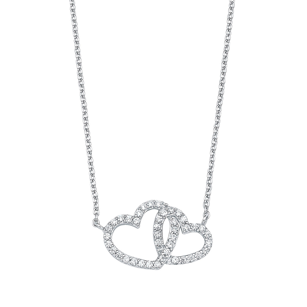 Silverhalsband, sammanflätade hjärtan med vita stenar - 45 cm