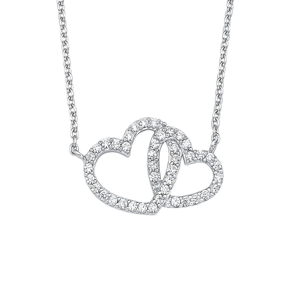 Silverhalsband, sammanflätade hjärtan med vita stenar - 45 cm