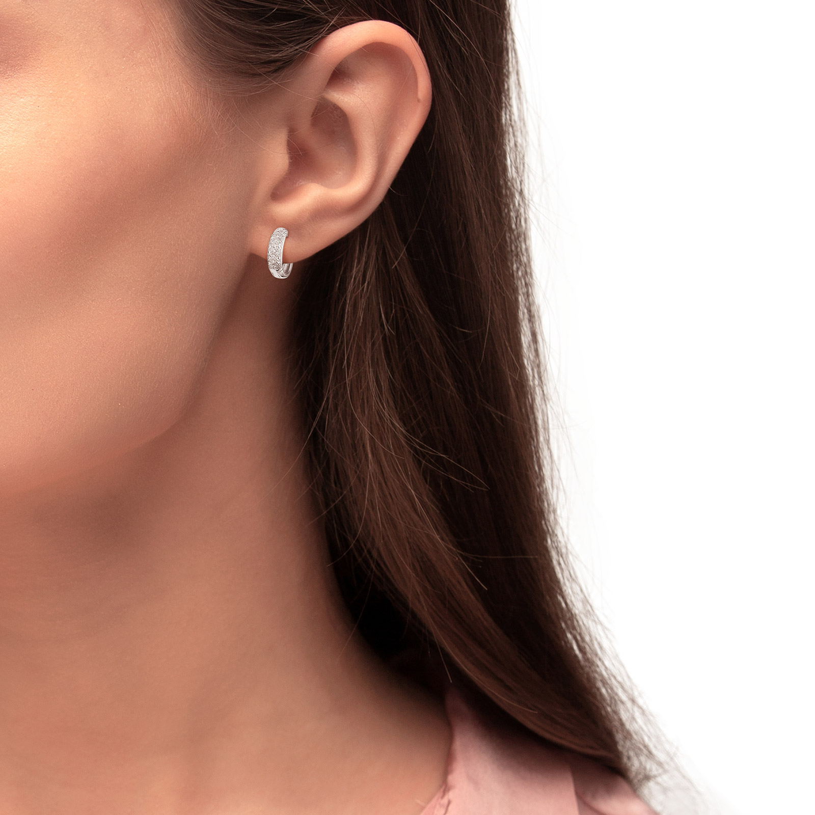 Silverörhängen, creoler med vita stenar - 12 mm