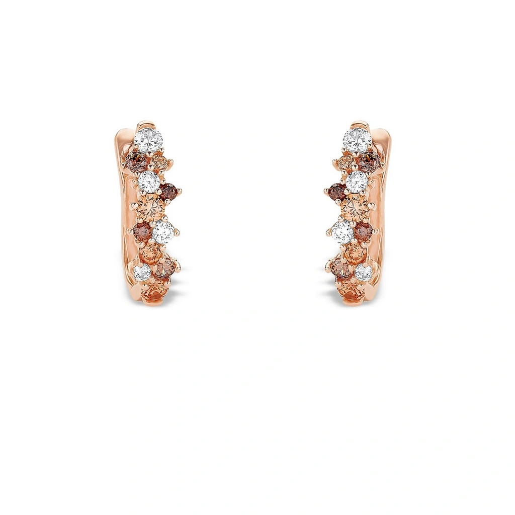 Rosegoldpläterade silverörhängen, creoler med bruna och vita stenar - 17 mm