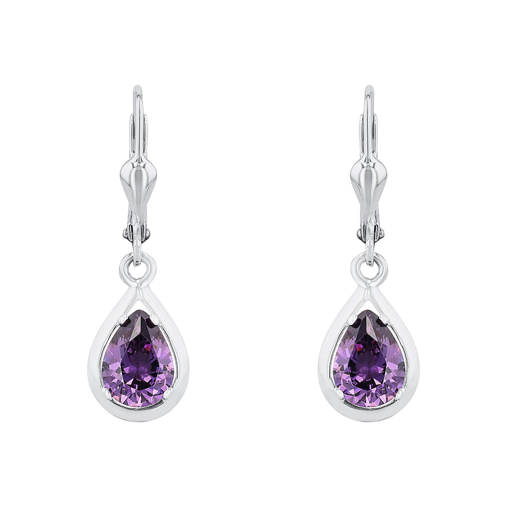 Silverörhängen, hängande droppar med lila stenar - 26 mm