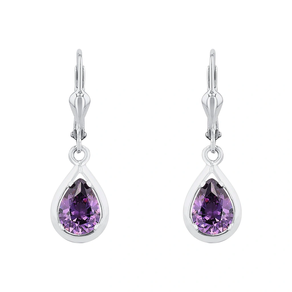 Silverörhängen, hängande droppar med lila stenar - 26 mm