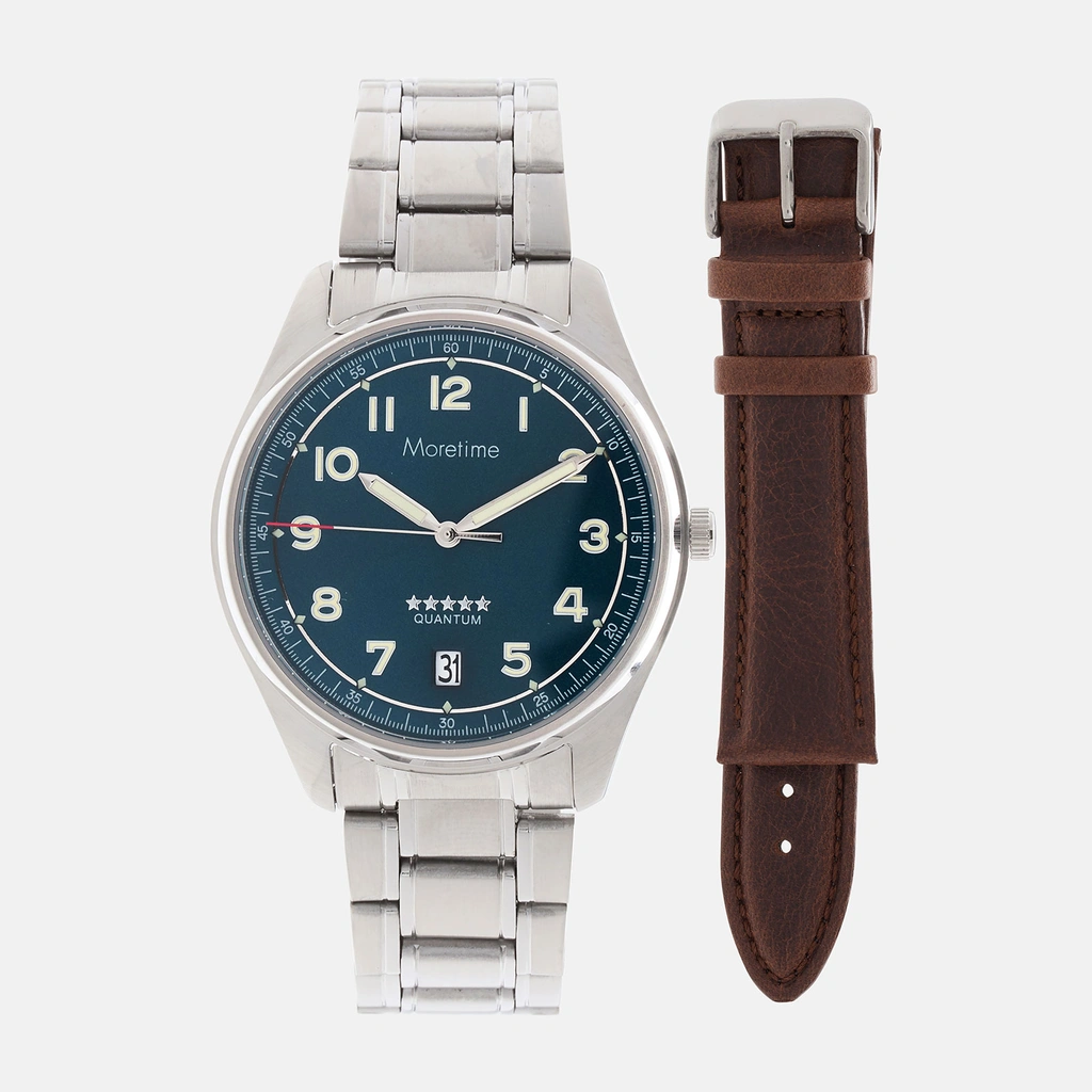 Moretime herrklocka - set med extra armband, silver/blå