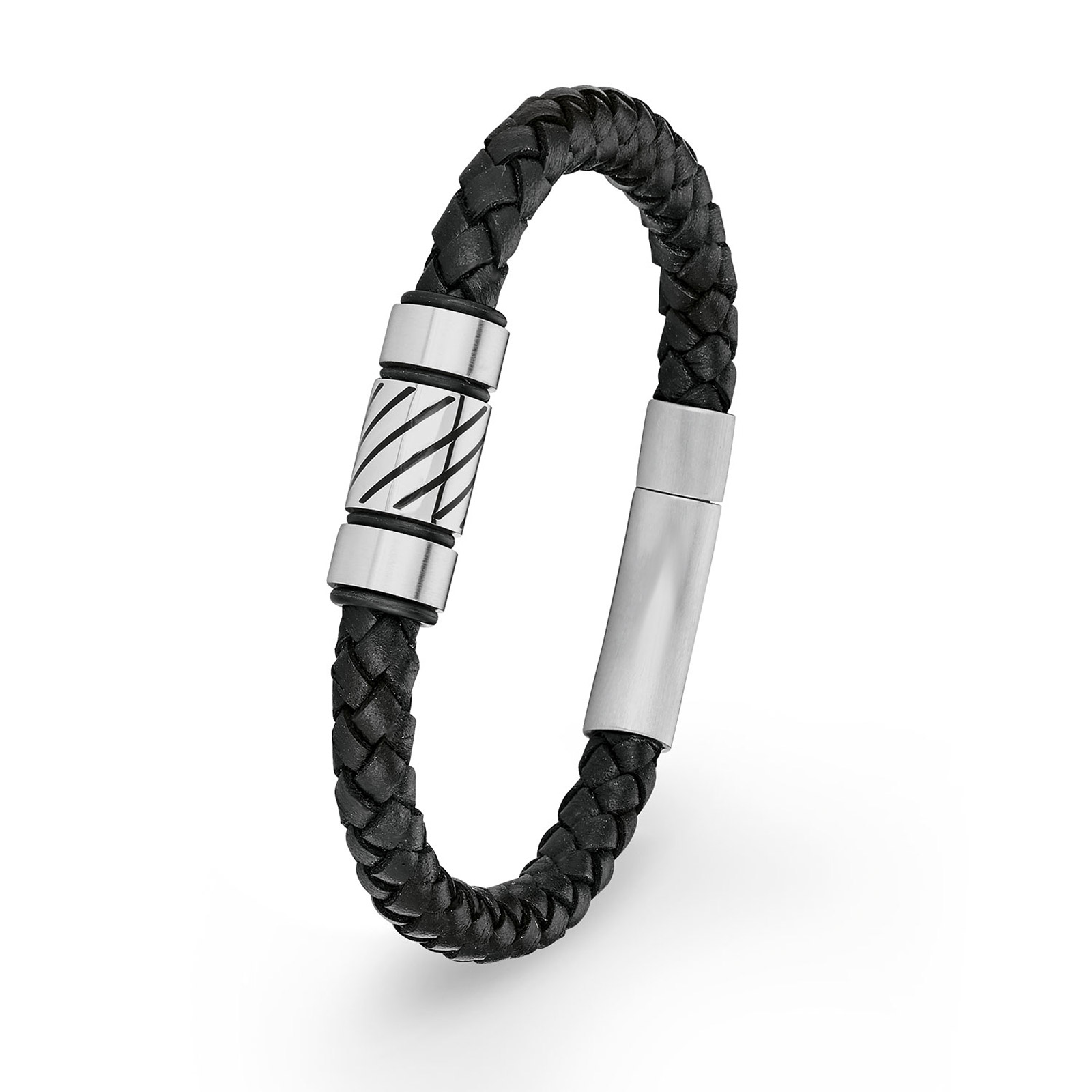 Stålarmband herr, flätat läder med mönstrad detalj - 21 cm