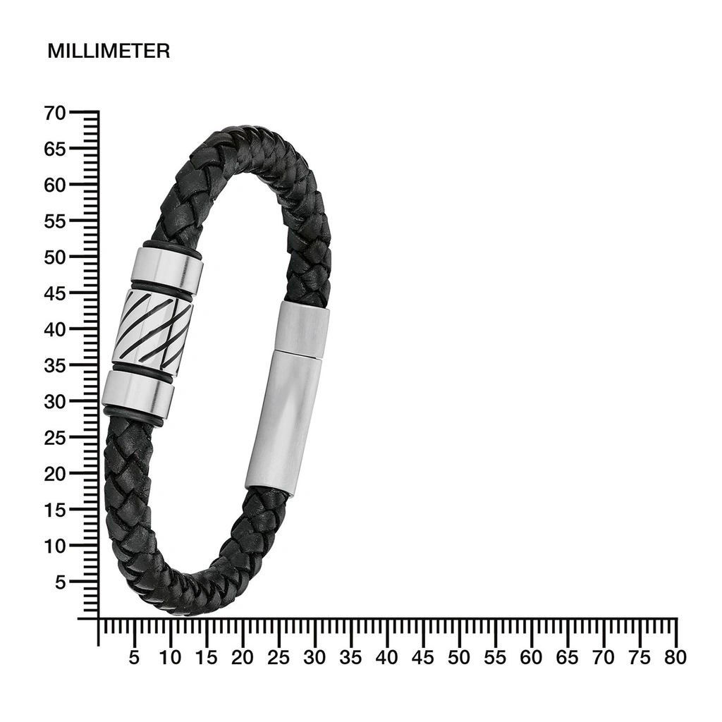 Stålarmband herr, flätat läder med mönstrad detalj - 21 cm