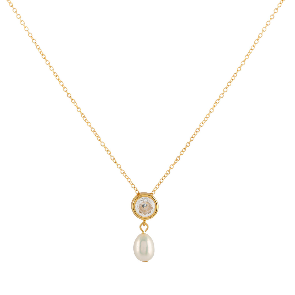 Guldfärgat silverhalsband - pärla & Kubisk Zirkonia 42+3 cm