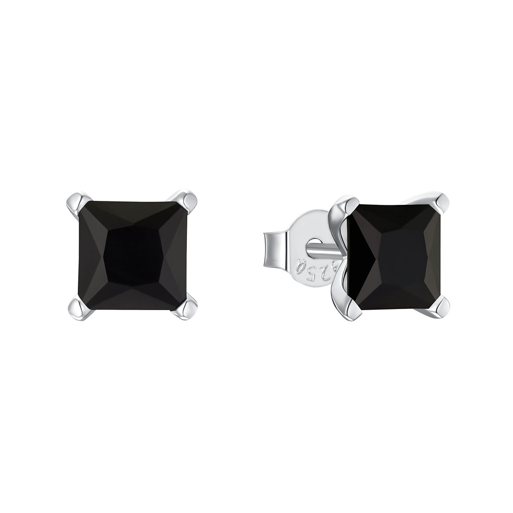 Silverörhängen - kvadratiska svarta Kubisk Zirkonia, 8 mm