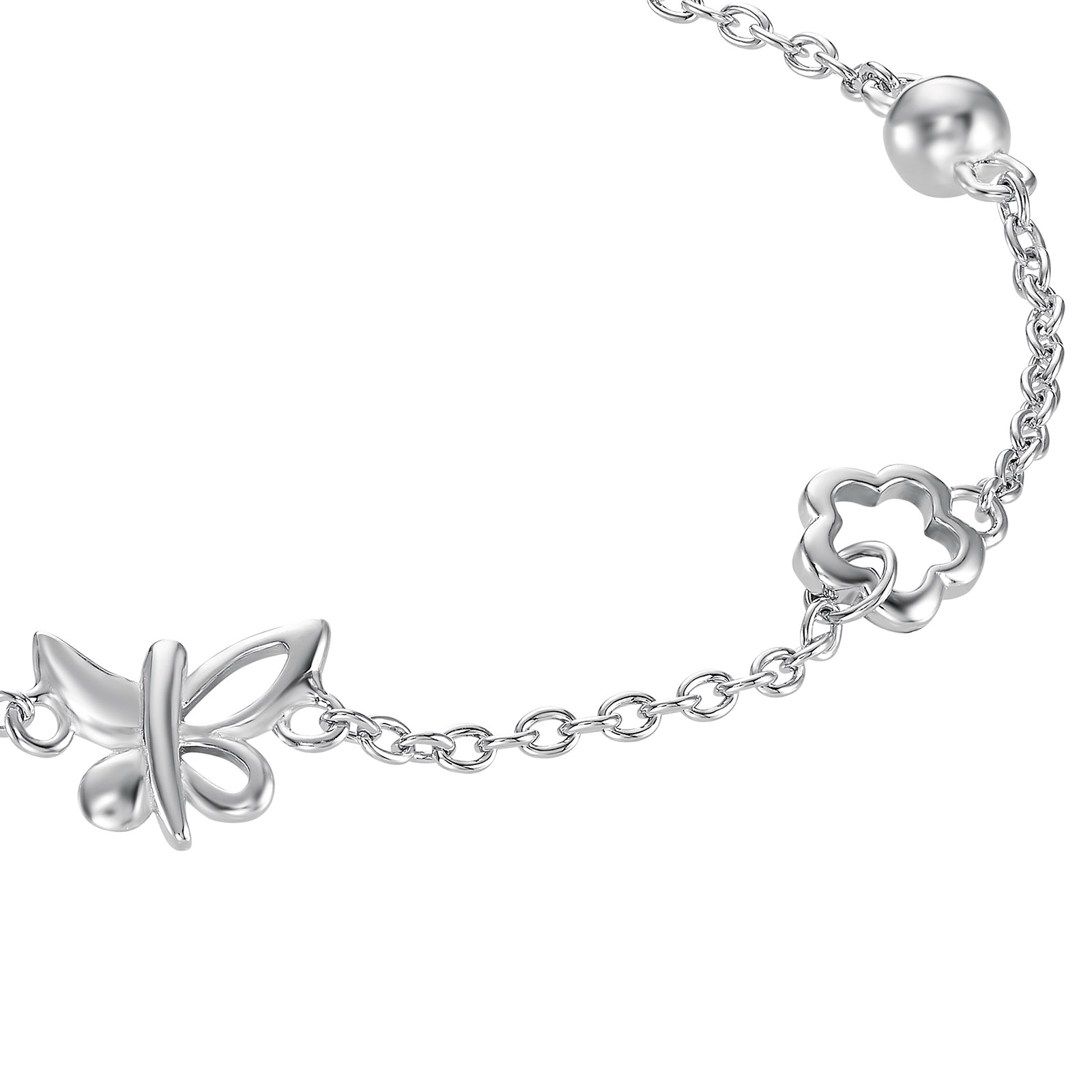 Silverarmband, länk med hjärta, fjäril och blomma – 17+2 cm
