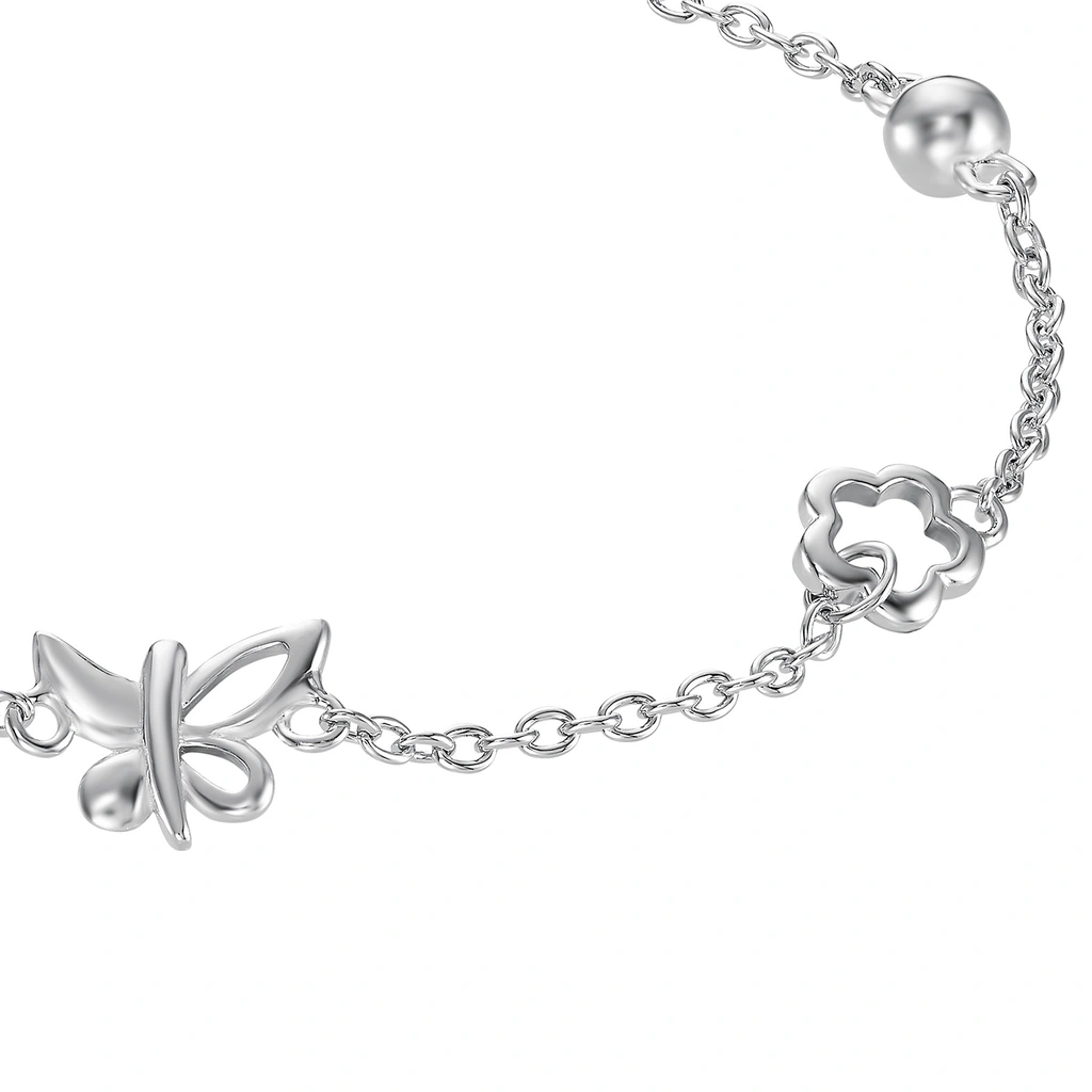 Silverarmband, länk med hjärta, fjäril och blomma – 17+2 cm
