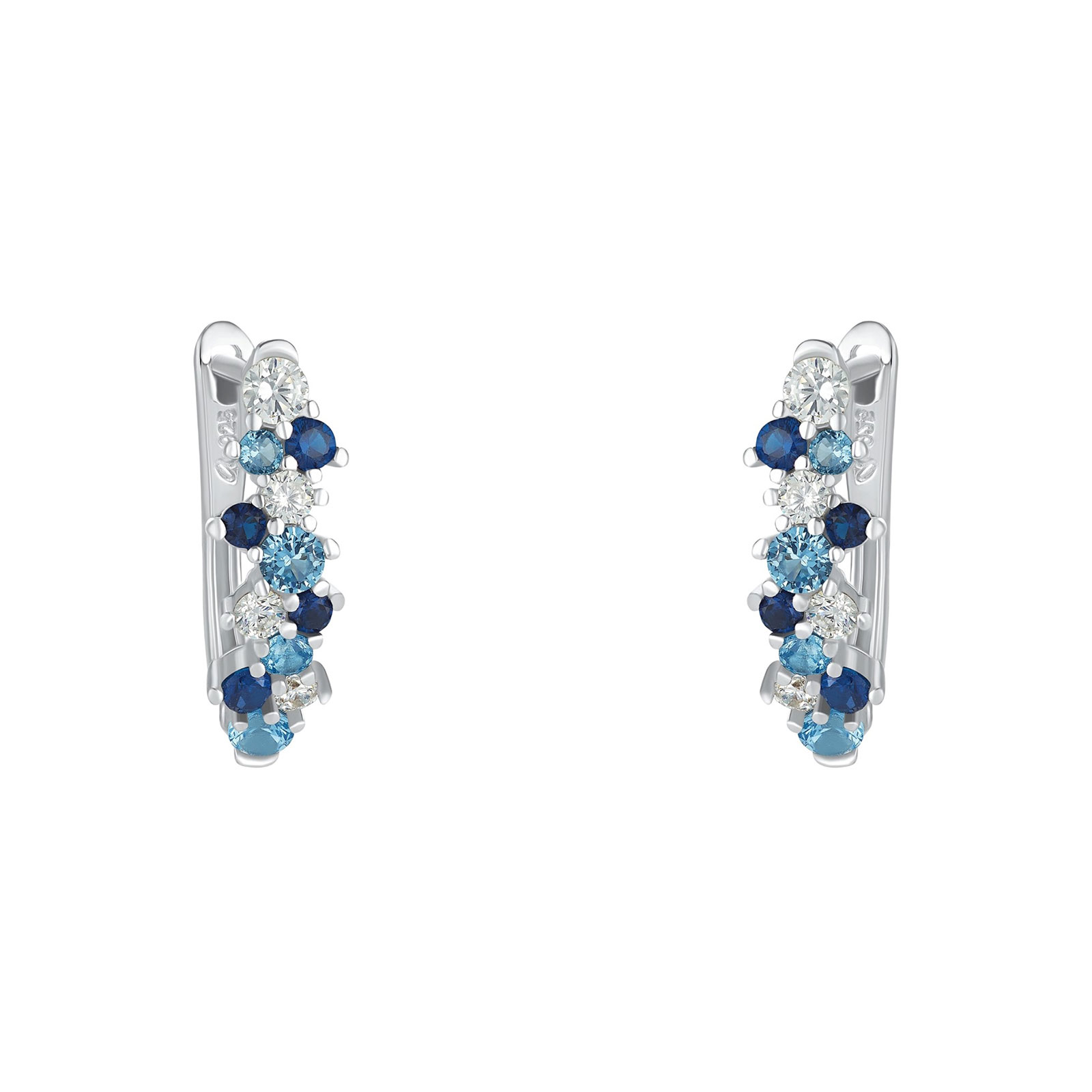 Silverörhängen, creoler med blå och vita stenar - 17 mm