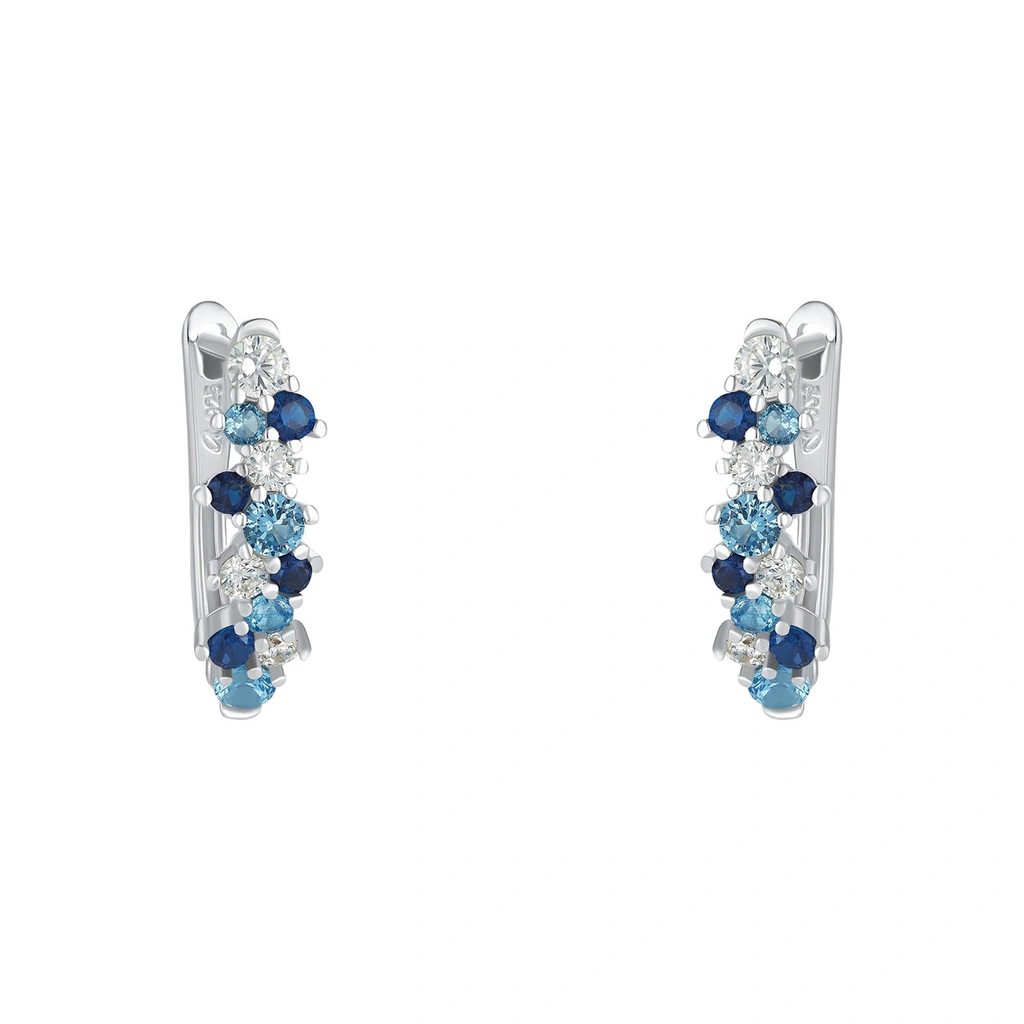 Silverörhängen, creoler med blå och vita stenar - 17 mm