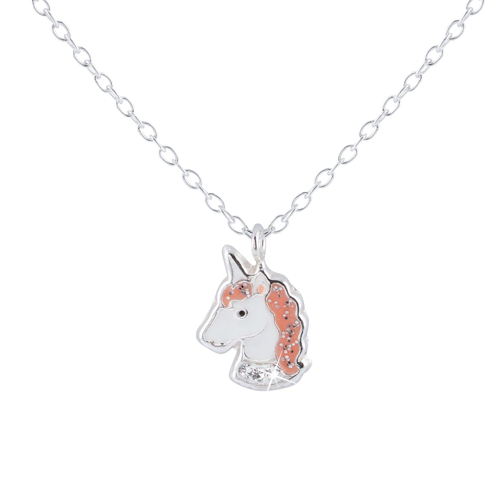 Silverhalsband för barn - vit/rosa enhörning, 36+2 cm