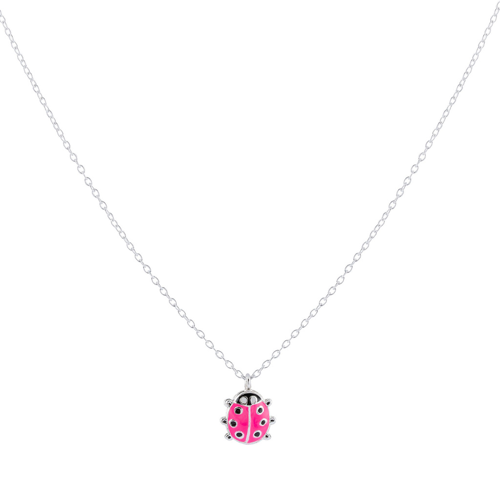 Silverhalsband för barn - rosa nyckelpiga, 36+2 cm