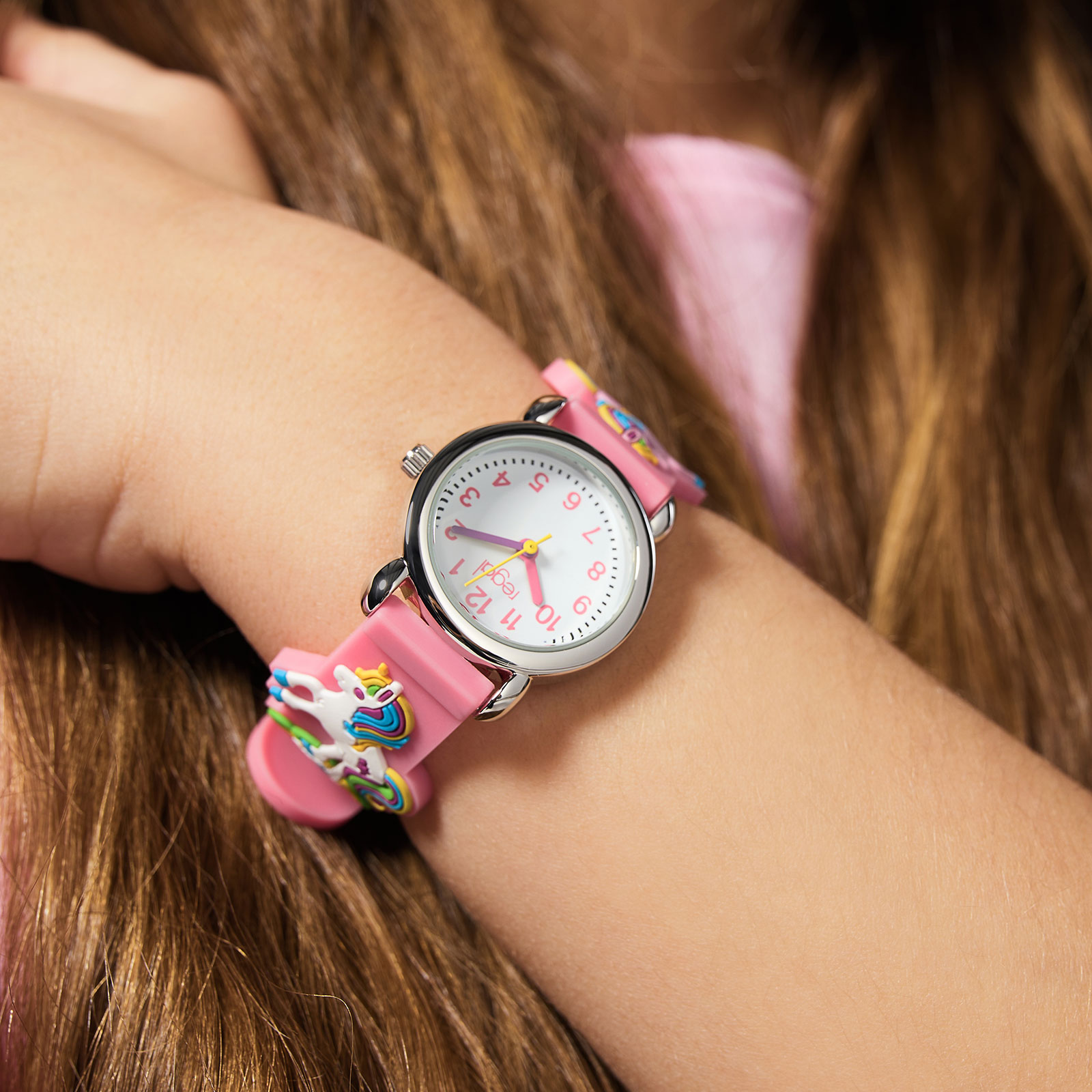 Barnklocka med figurband - enhörningar rosa