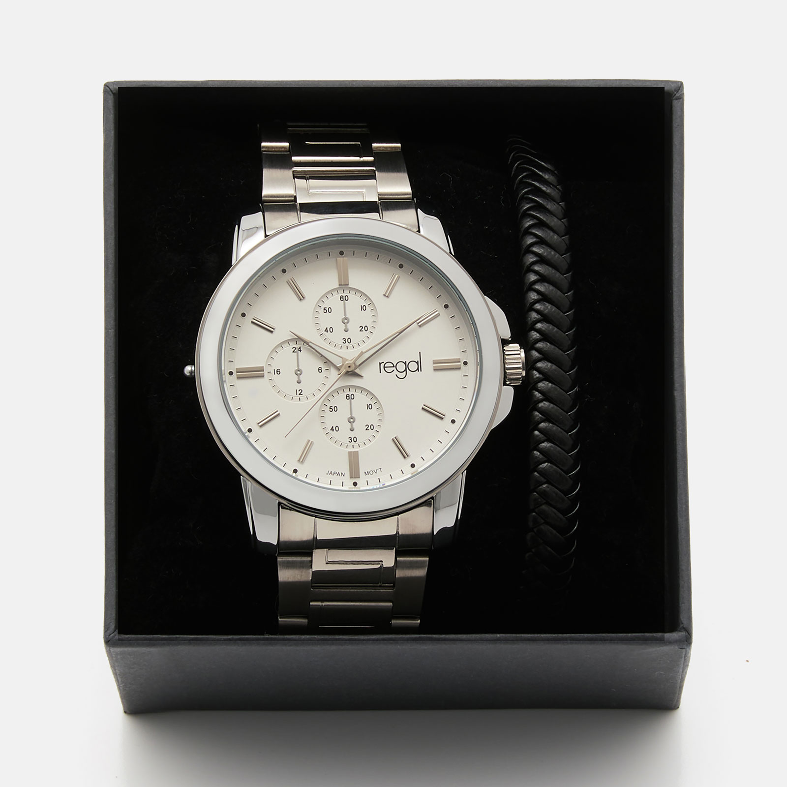 Regal klockset herr -  metallband, silverton/vit, 45mm