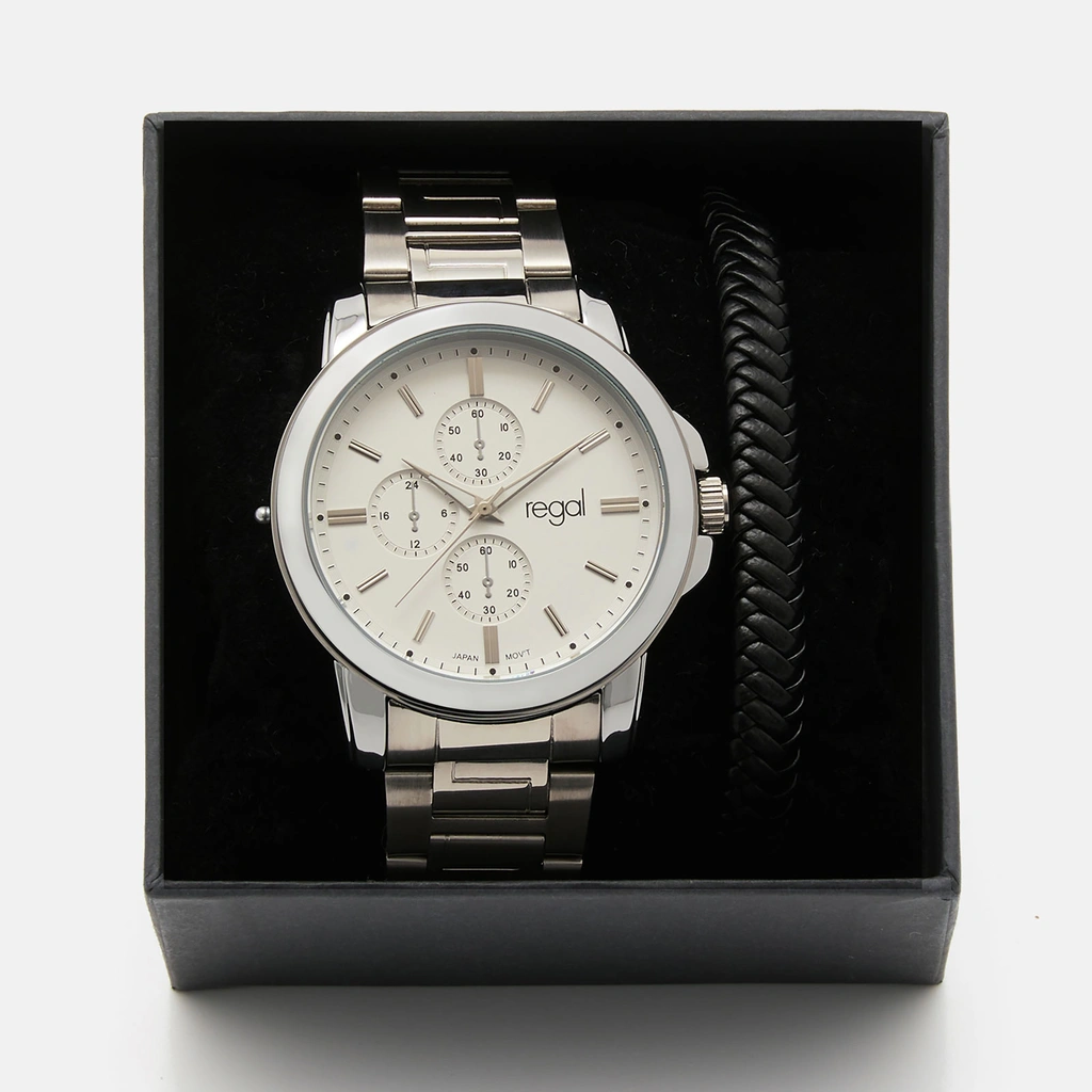 Regal klockset herr -  metallband, silverton/vit, 45mm