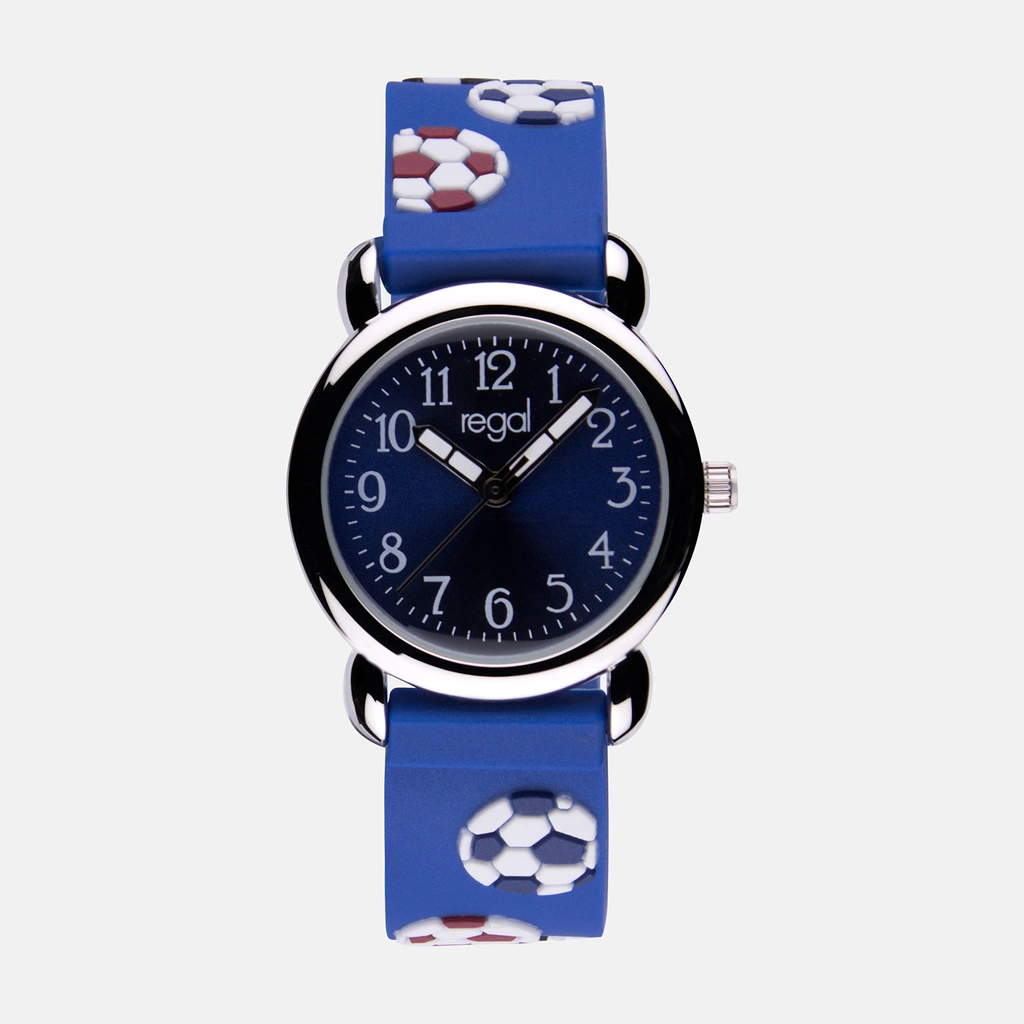 Regal barnklocka - blått gummiband, fotbollar, 27 mm