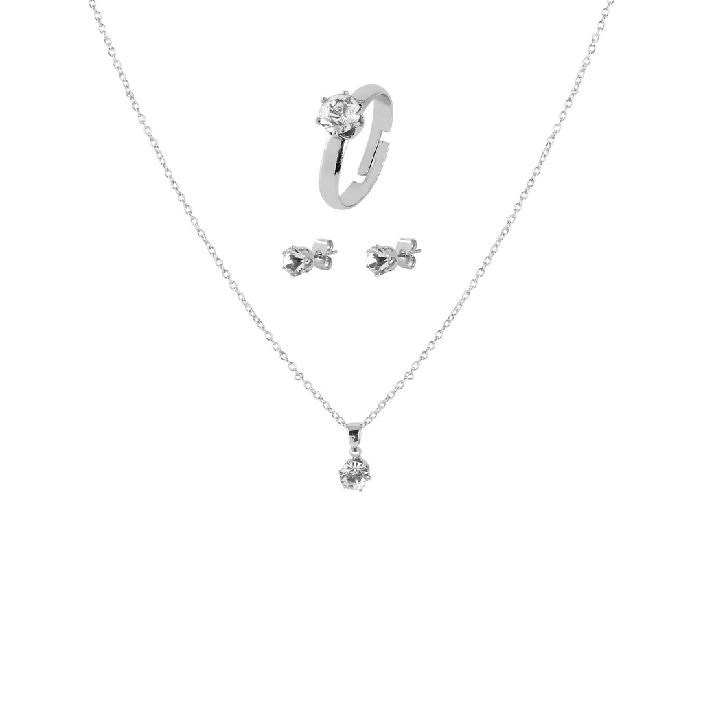 Silverfärgat smyckeset - ring, örhängen & halsband