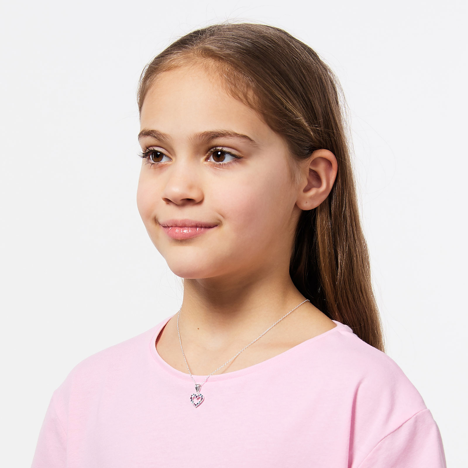 Silverhalsband för barn - hjärta, flerpläterade kristaller, 36+2 cm