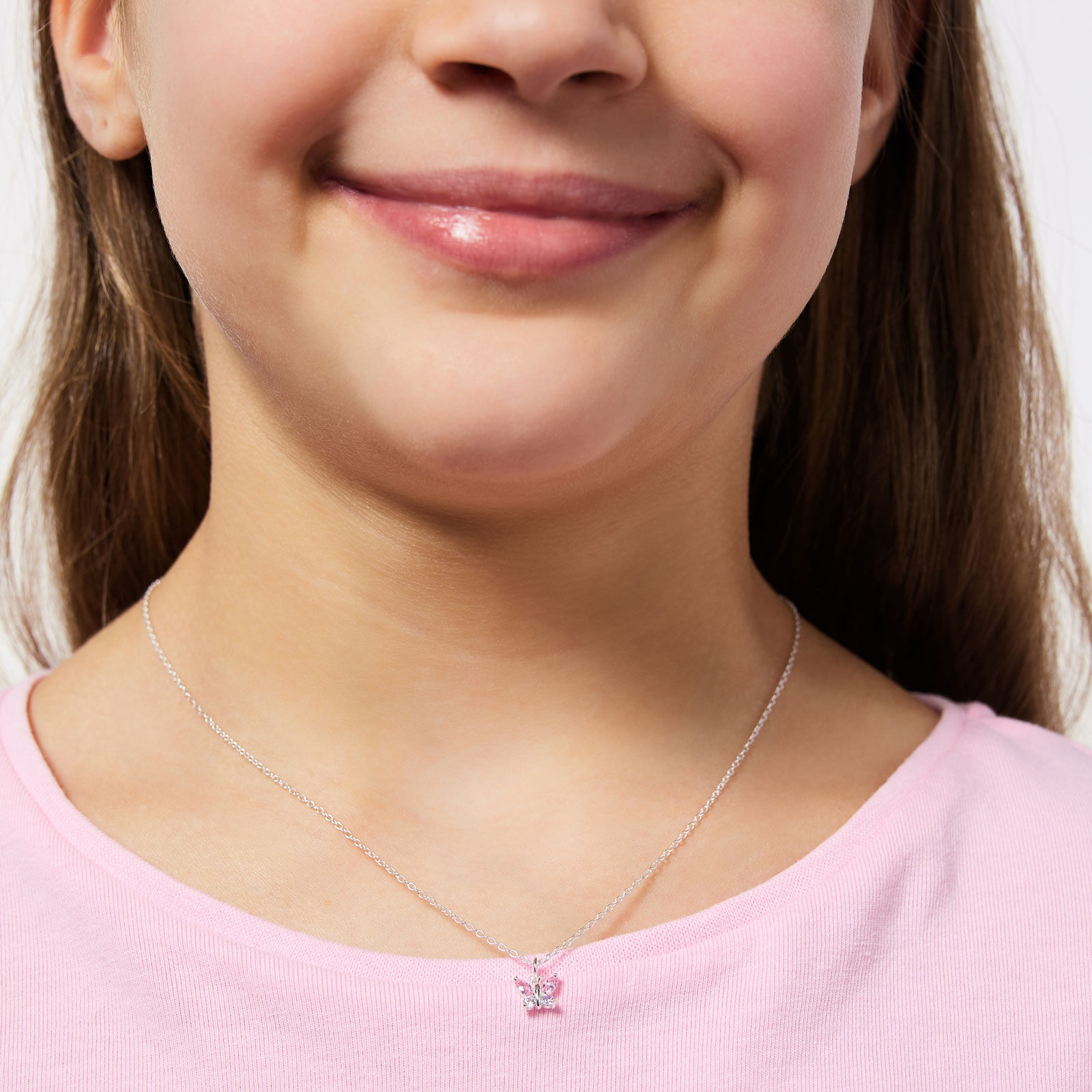 Silverhalsband för barn - rosa/lila fjäril, 36+2 cm