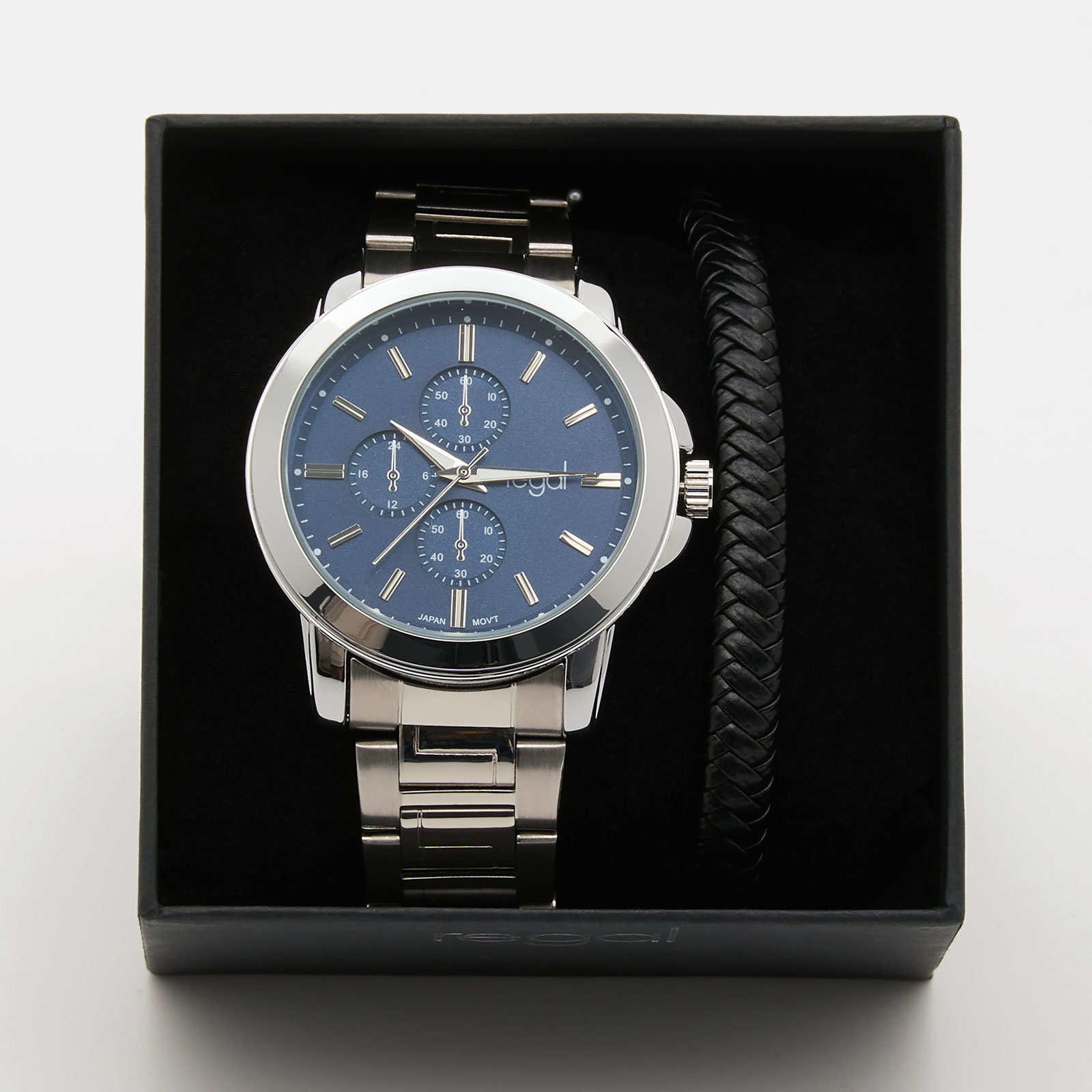 Regal klockset herr -  metallband, silverton/blå, 45mm