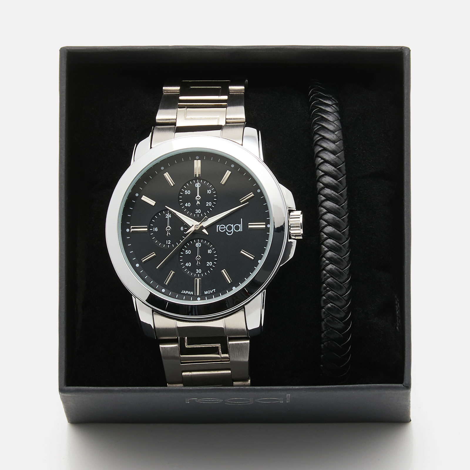 Regal klockset herr -  metallband, silverton/svart, 45mm