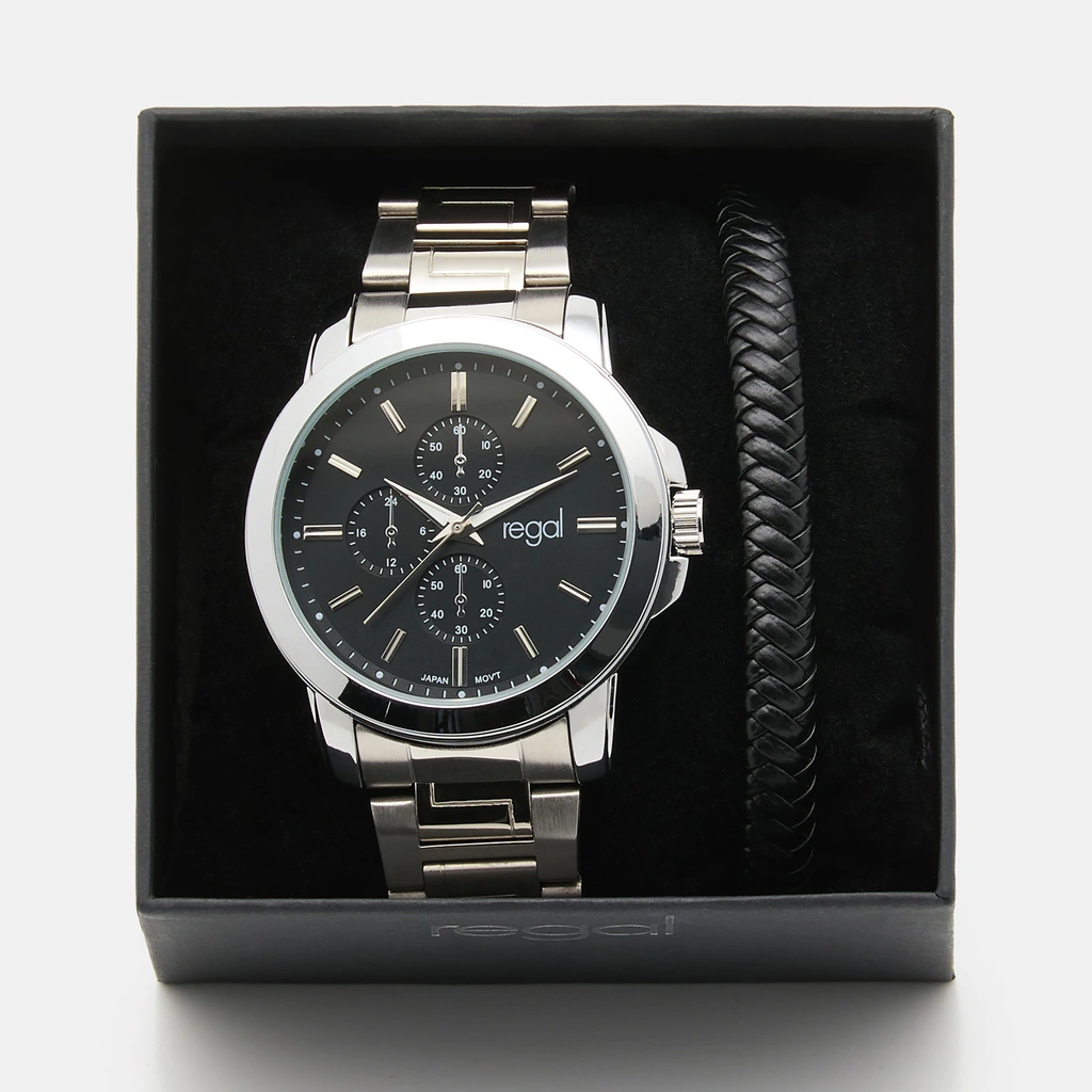 Regal klockset herr -  metallband, silverton/svart, 45mm