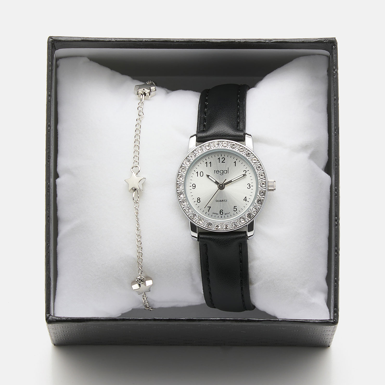 Svart barnklocka och armband i presentask