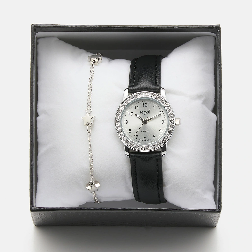 Svart barnklocka och armband i presentask