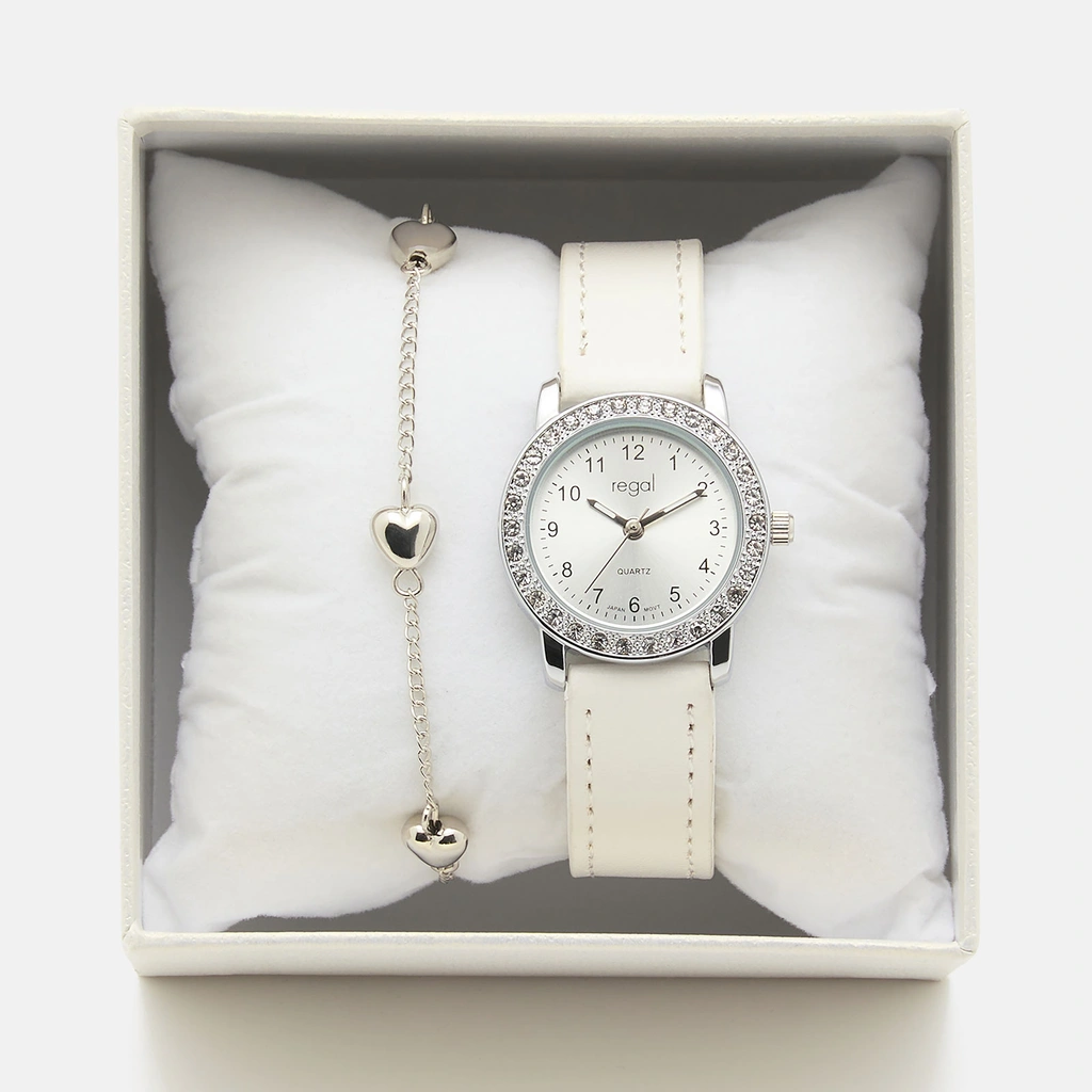 Regal barnklocka - set med armband, silver/vit, 28 mm