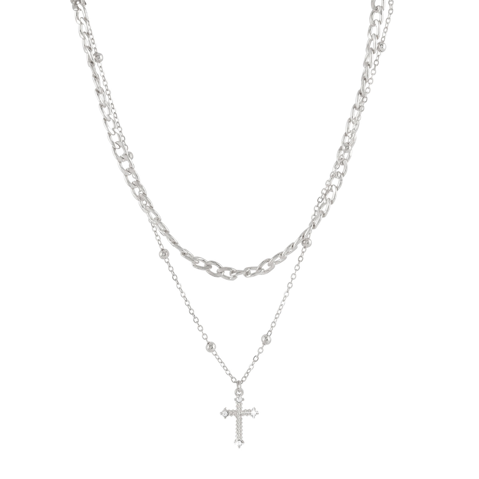 Silverfärgat halsband, kors - 42+7 cm