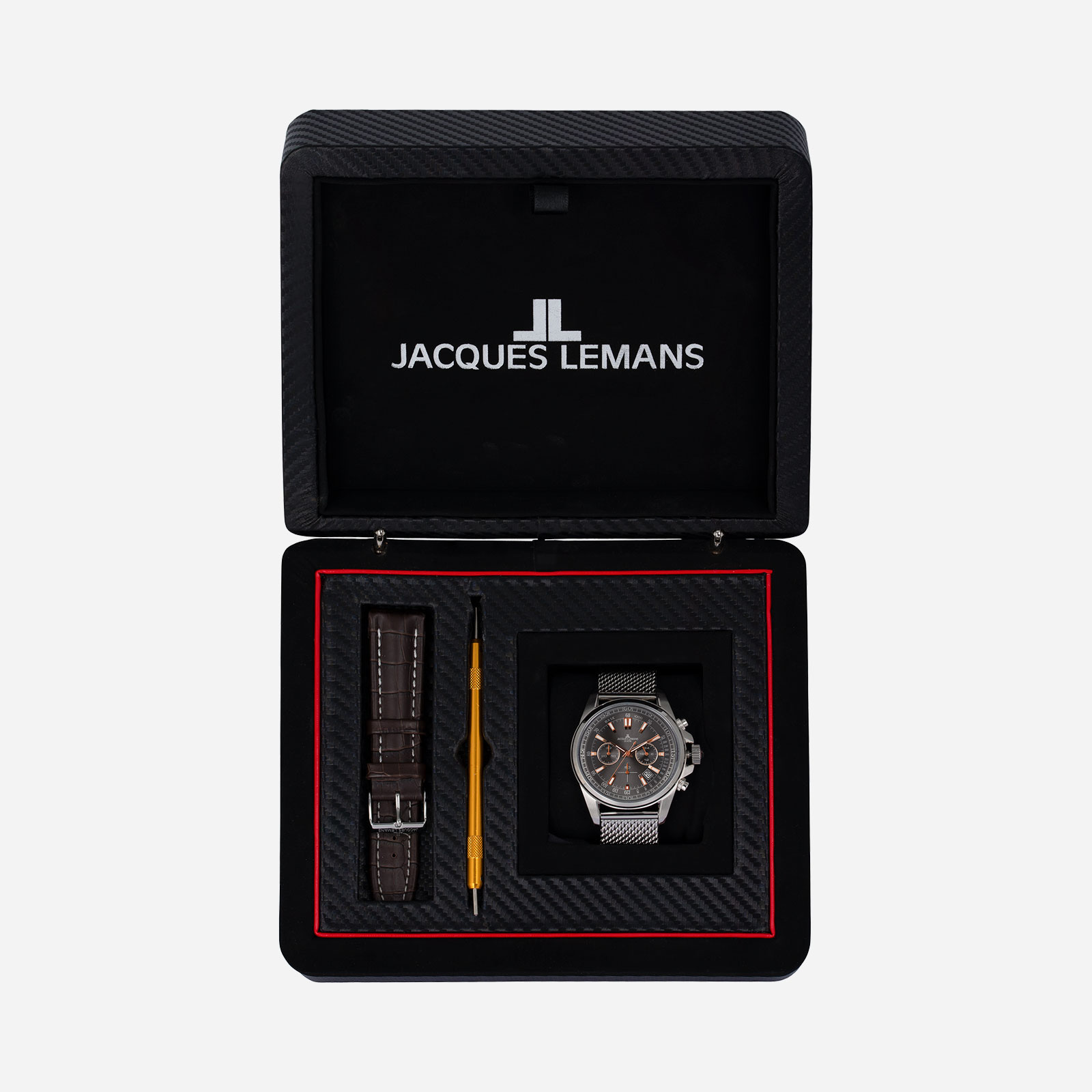 Jacques Lemans Liverpool - herr, presentset, grå mesh, 44mm