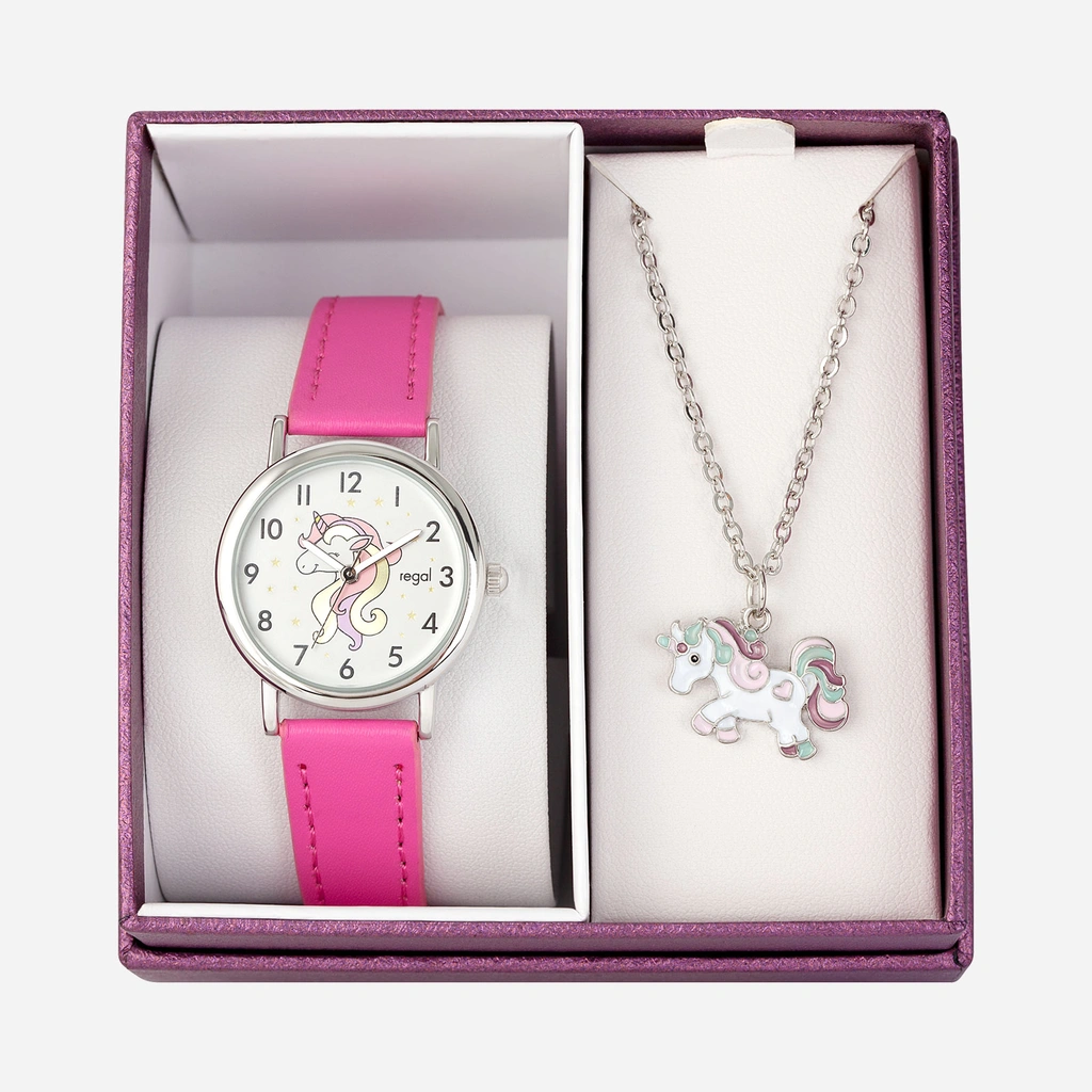 Barnset mörkrosa klocka & halsband enhörning