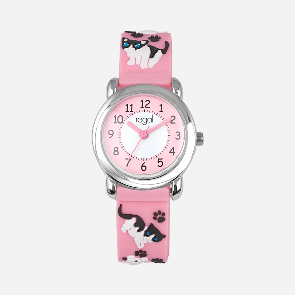 Regal barnklocka - rosa gummiband, katter, 29 mm