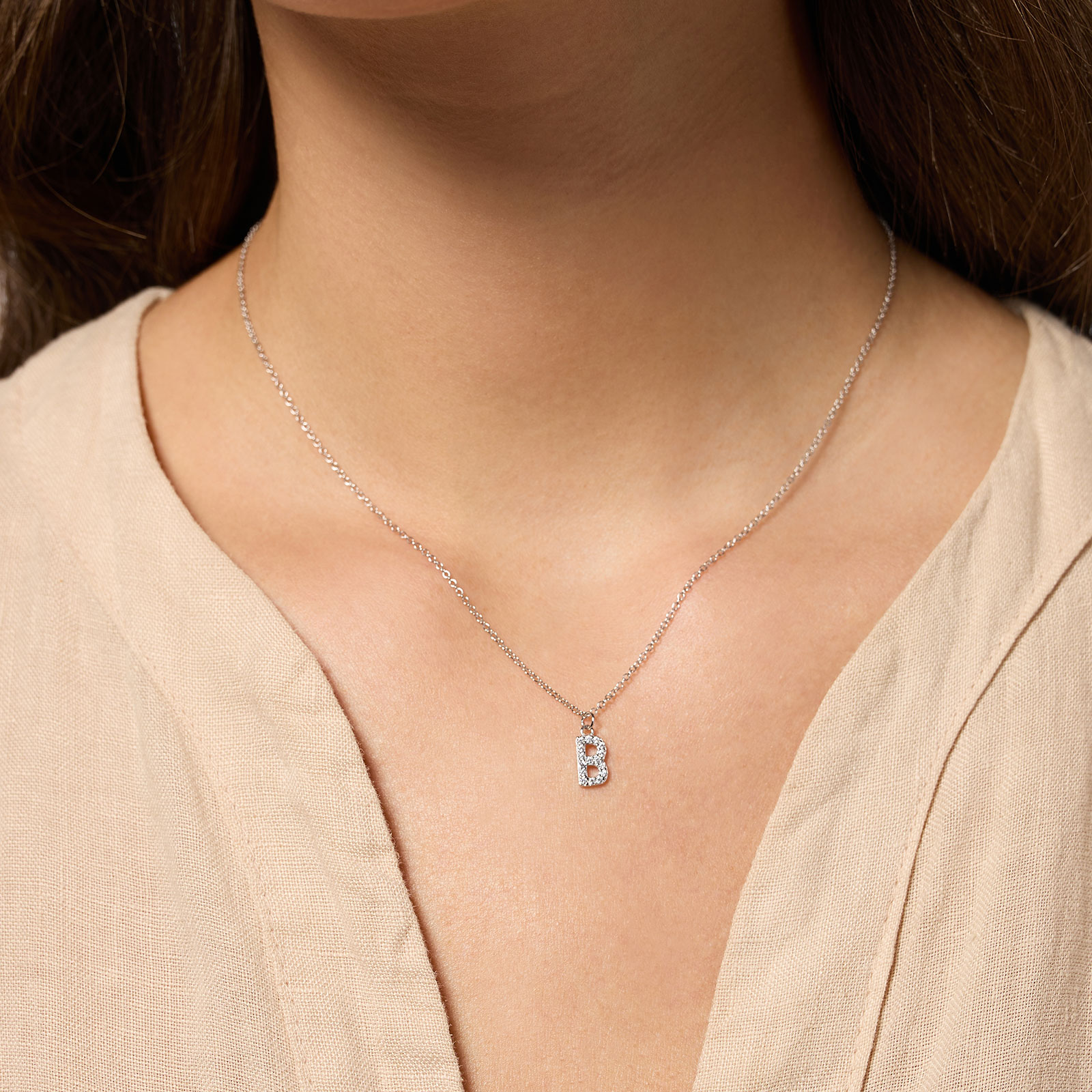 Halsband äkta silver, bokstav B - 42+3 cm