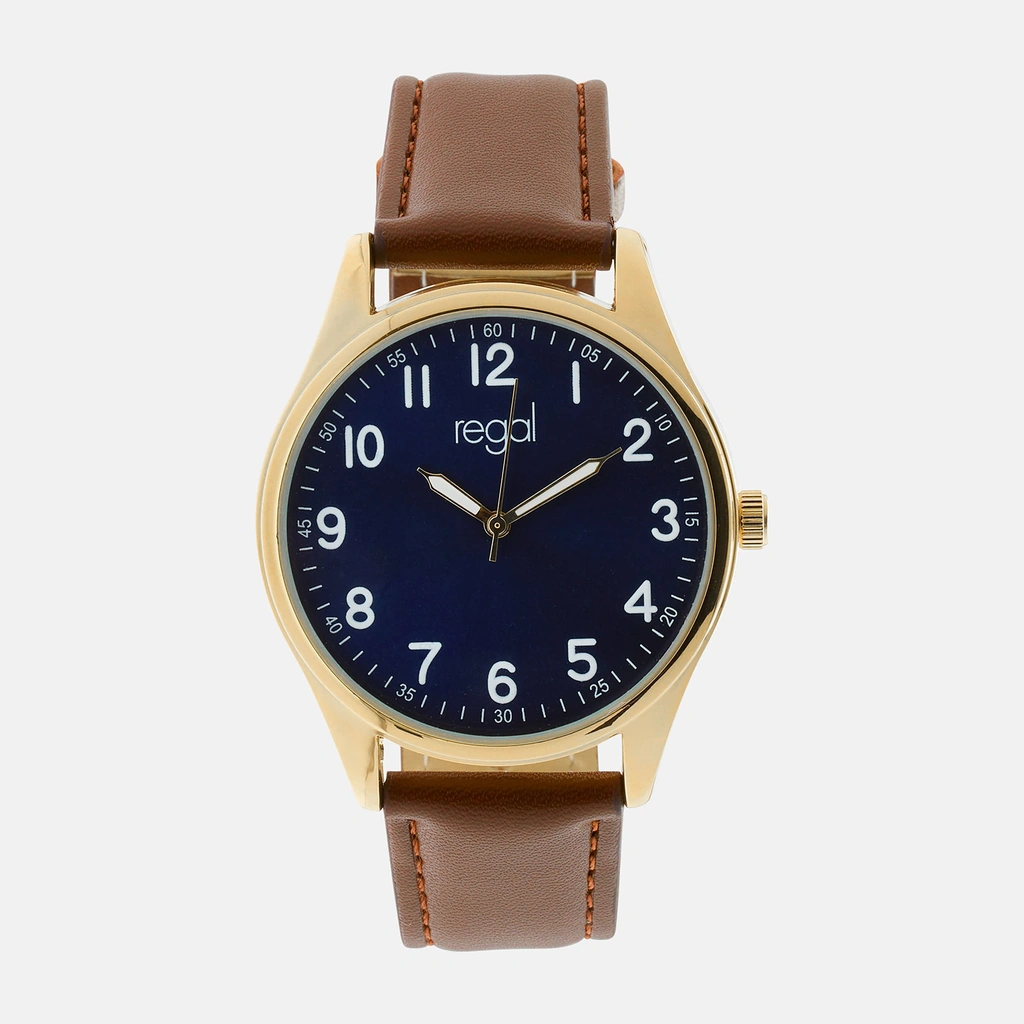 Regal herrklocka -  brunt band, guldton/blå, 40mm
