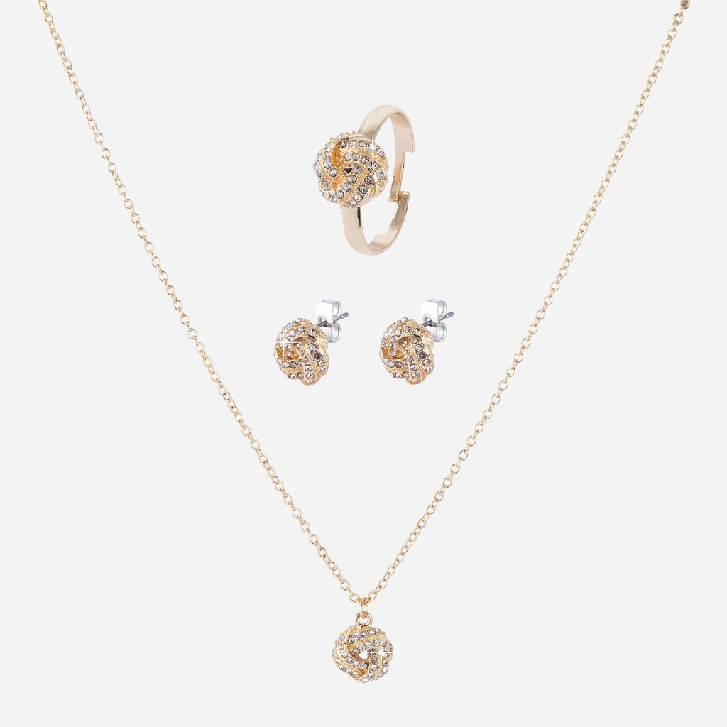 Guldfärgat smyckeset - ring, örhängen & halsband