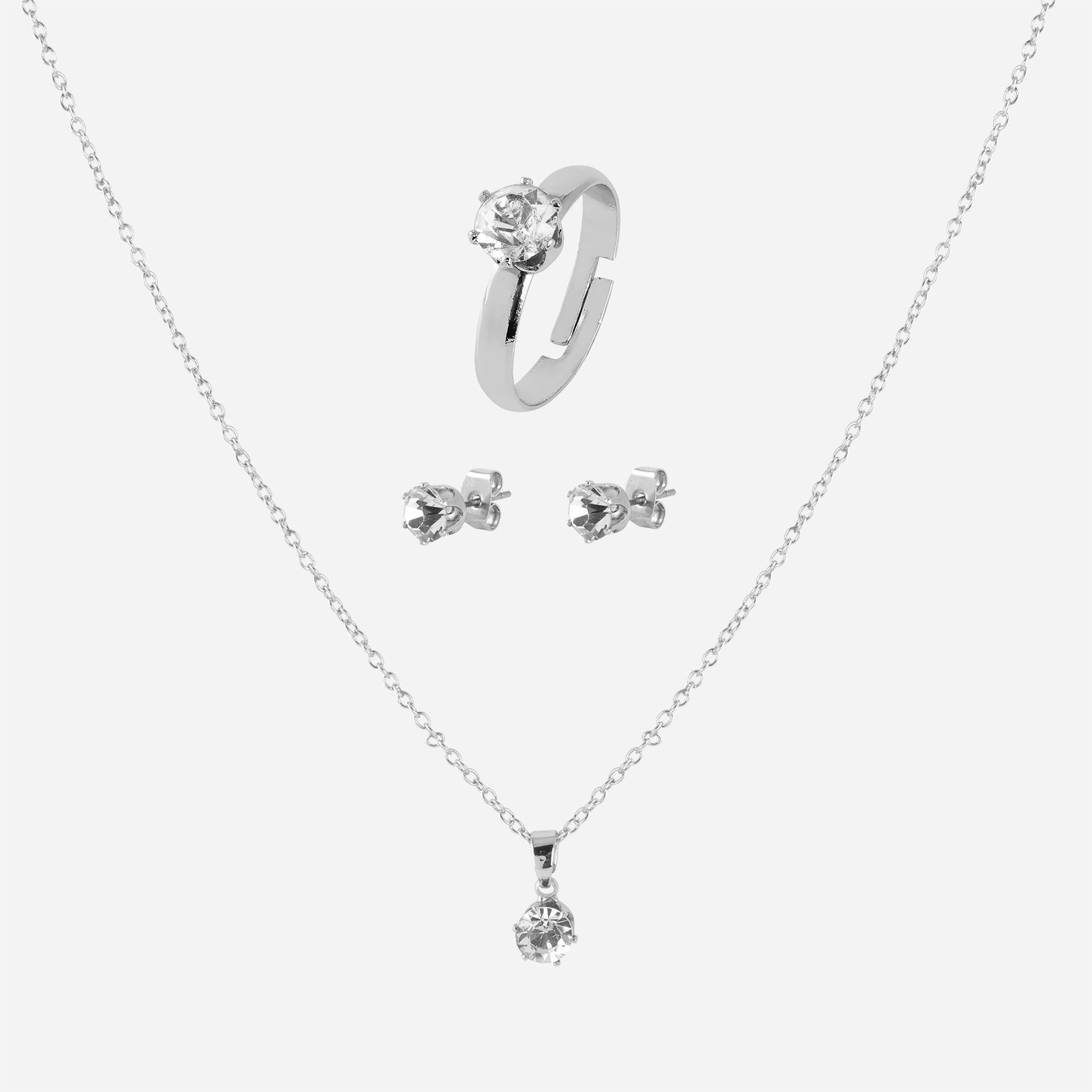 Silverfärgat smyckeset, klassiskt- ring, örhängen & halsband