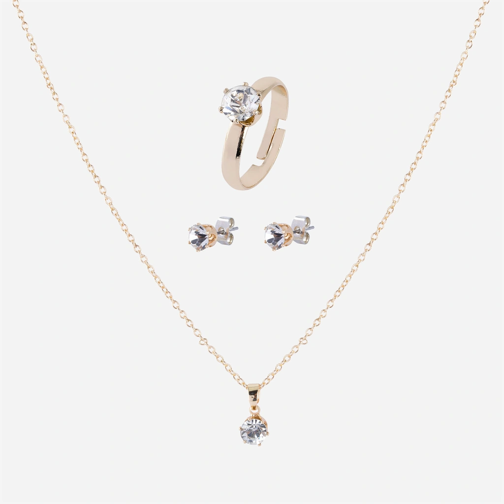 Guldfärgat smyckeset, klassiskt - ring, örhängen & halsband