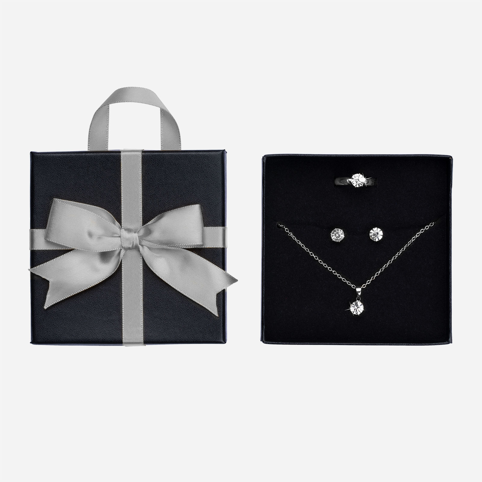 Silverfärgat smyckeset, klassiskt- ring, örhängen & halsband