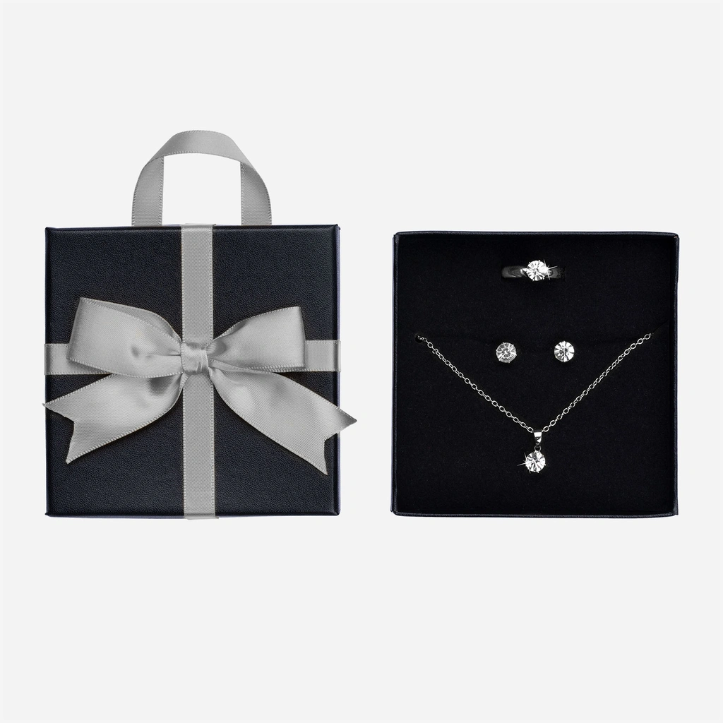 Silverfärgat smyckeset, klassiskt- ring, örhängen & halsband