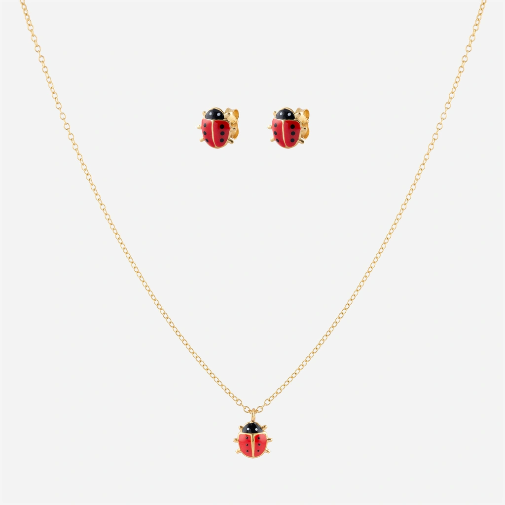 Guldpläterat smyckeset för barn i äkta silver - nyckelpigor