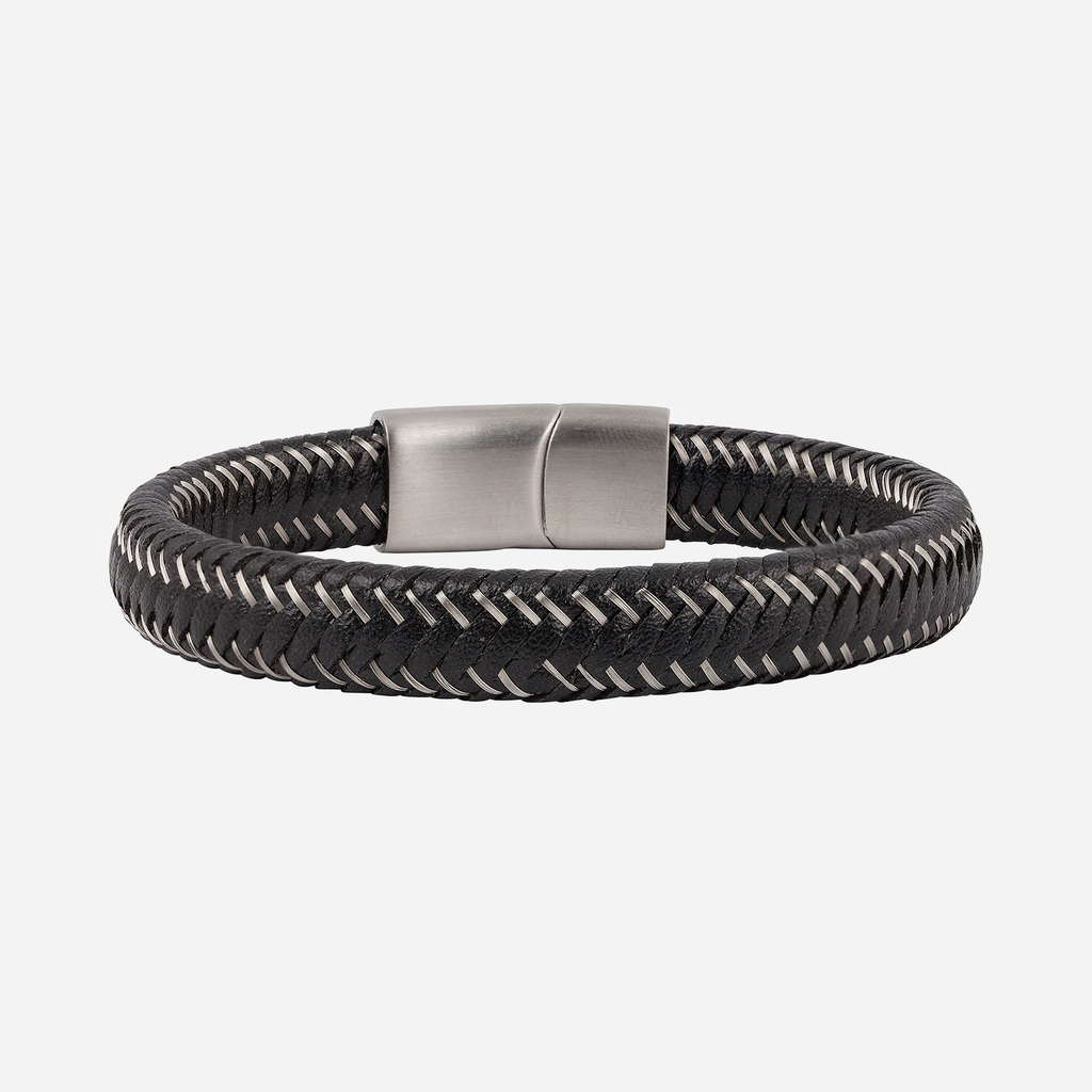Armband i svart läder och ståltråd - Herr