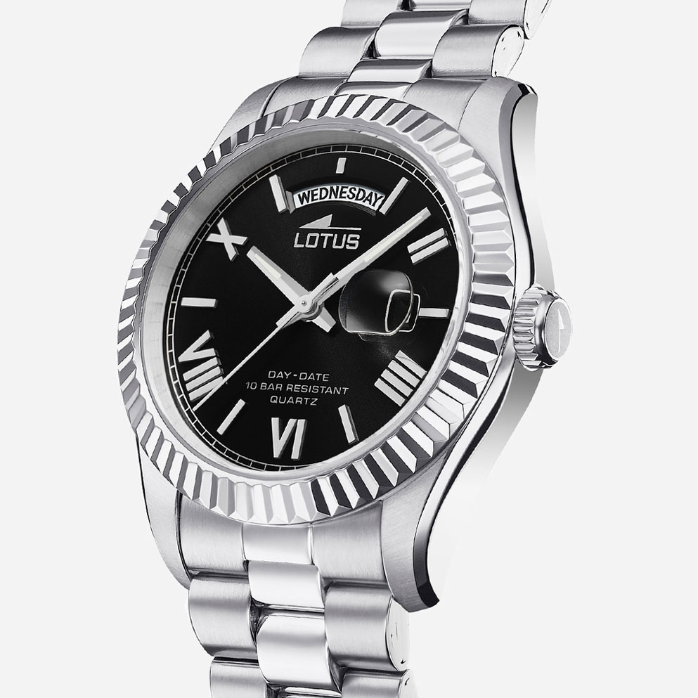 Lotus herrklocka -  dag/datum,  stål/svart, 41,5 mm