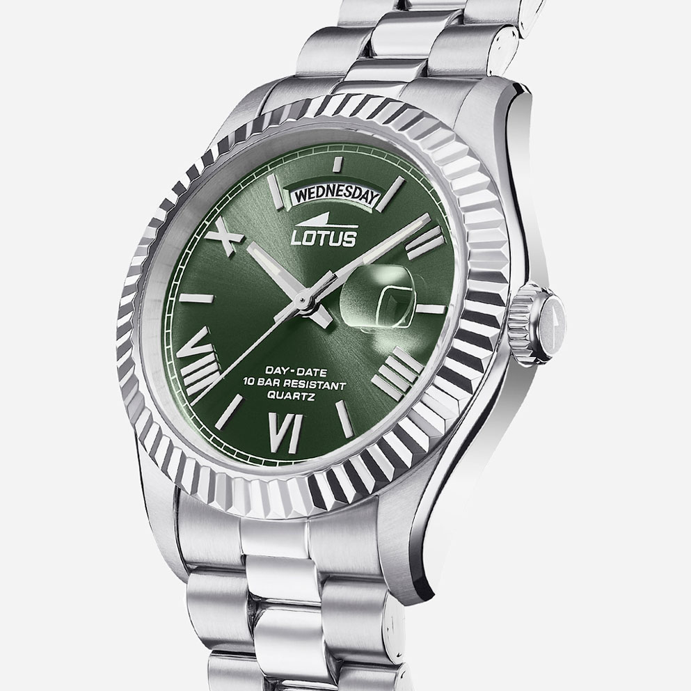 Lotus herrklocka -  dag/datum, stål/grön, 41,5 mm