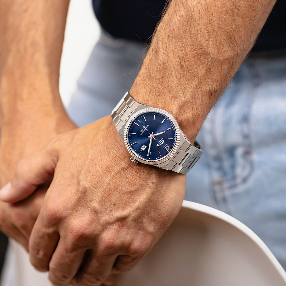 Lotus herrklocka -  metallband, datum, stål/blå, 40 mm