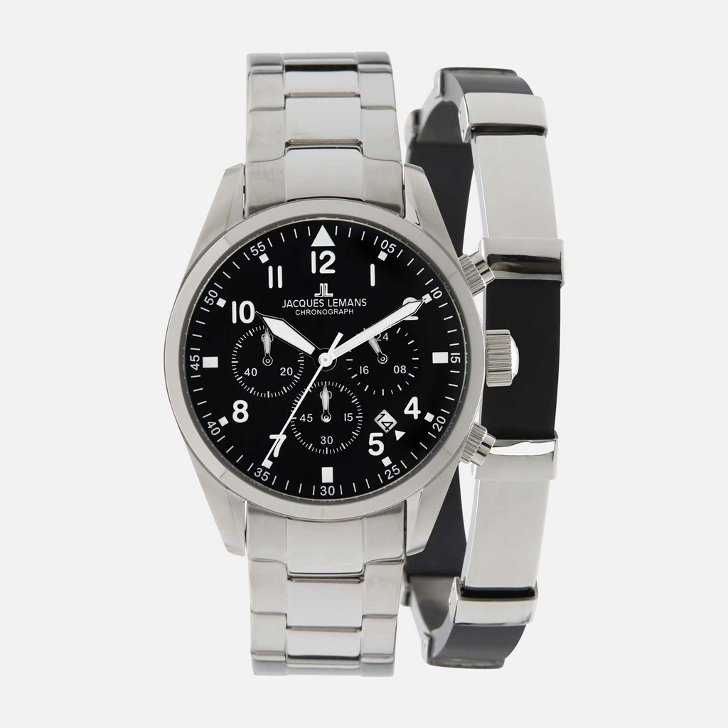 Jacques Lemans Sport - set herrklocka stål/svart, 42mm