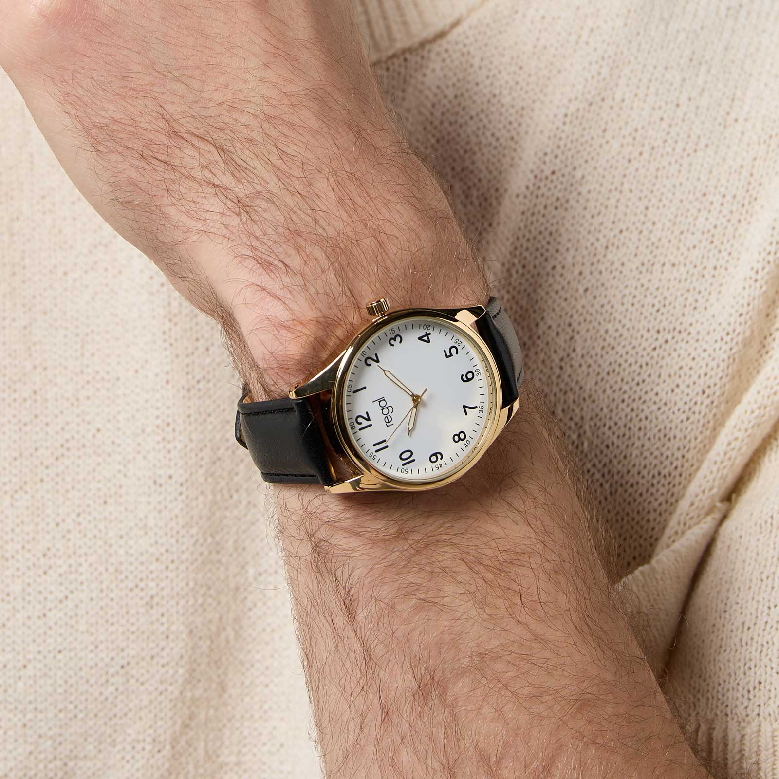 Regal herrklocka -  svart band, guldton, vit, 40mm