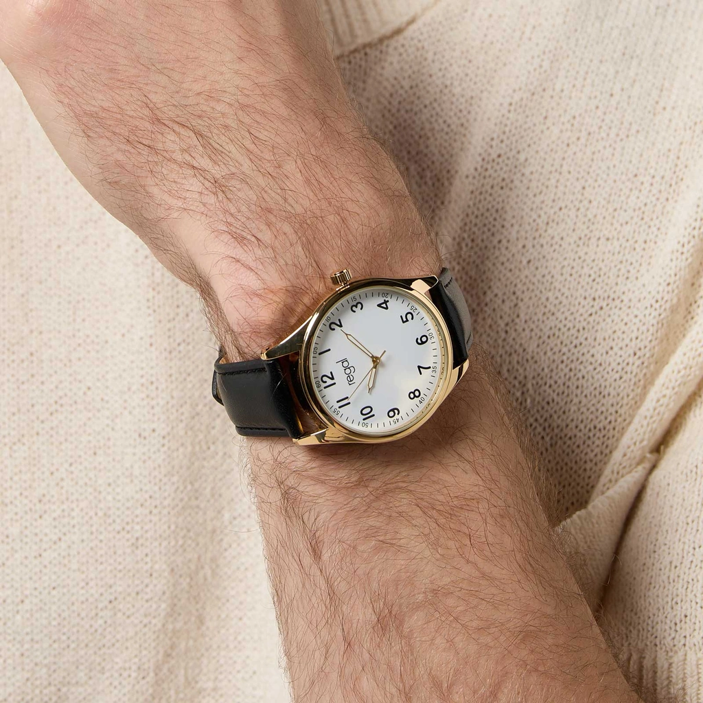 Regal herrklocka -  svart band, guldton, vit, 40mm